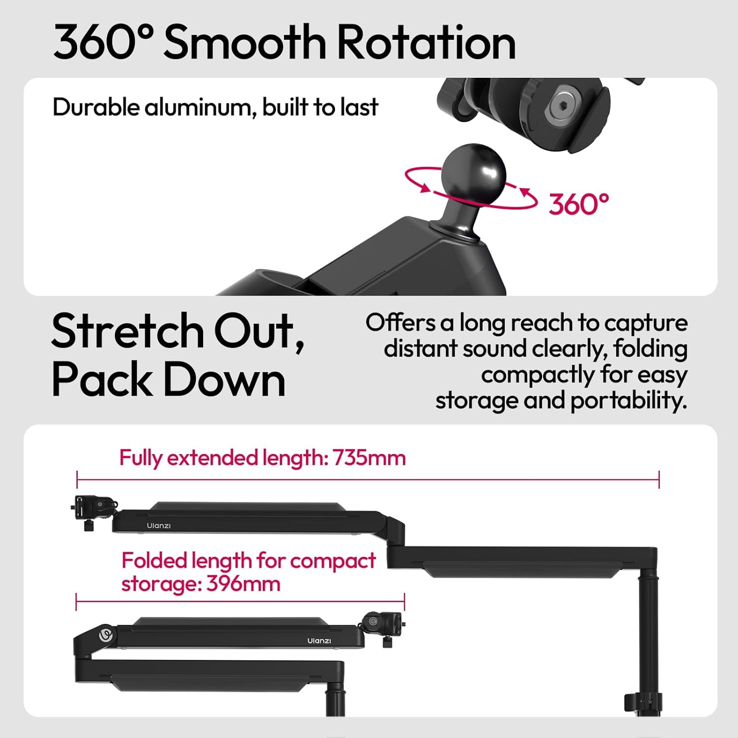 ZJ05 Premium High-Low Profile 2-In-1 Design Microphone Boom Arm with Ballhead Cold Shoe Fully Adjustable, with Cable Management Channels, Desk Clamp for Podcast Streaming Gaming Studio