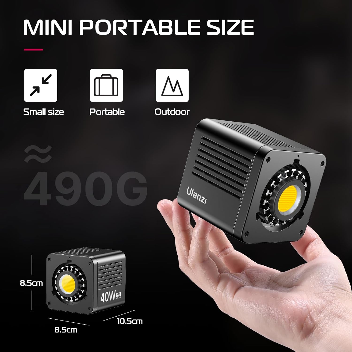 40W Pro Portable LED Video Light with DC Power Adapter, 3400Mah Build-In Battery Metal Mini Dual Color Temperature COB Continuous Output Lighting Handheld Spotlight 2500K-6500K for Video