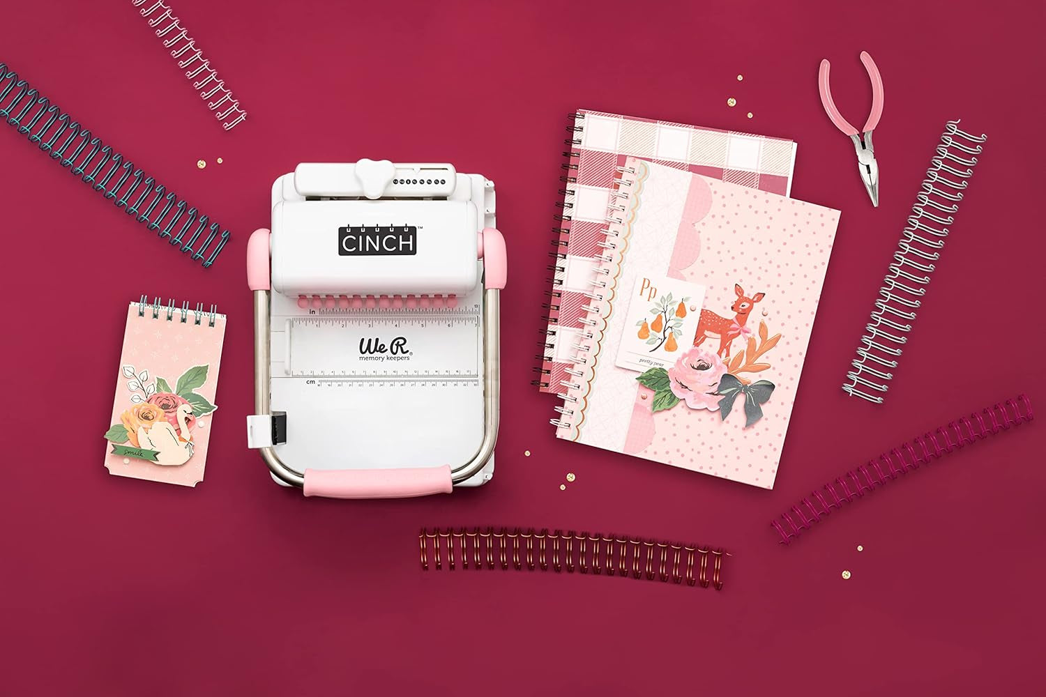 , Cinch Book Binding Machine 2, Pink/White, Easy to Use Design with Slide Ruler, Compatible with Wire or Spiral Coils, Make Professional Books, Notebooks, Calendars and More