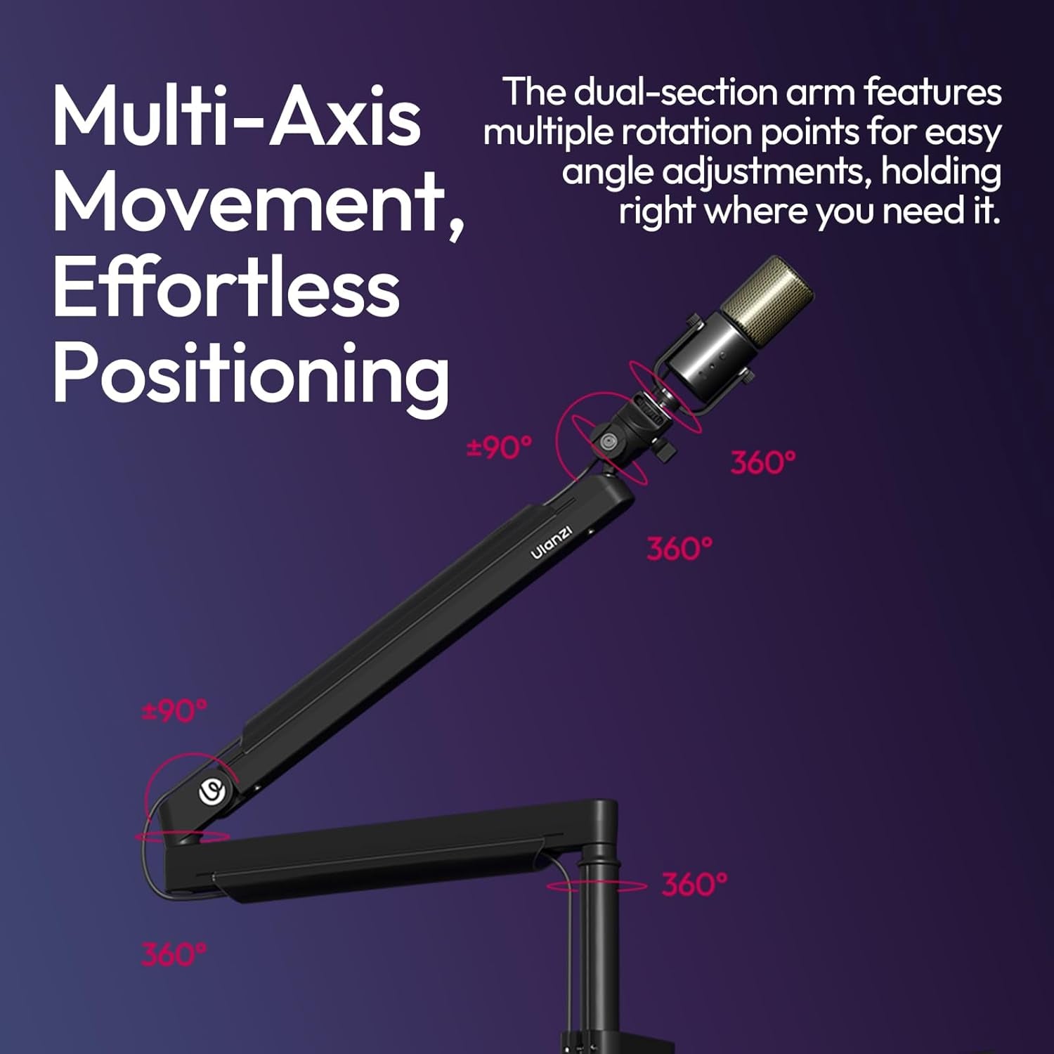 ZJ05 Premium High-Low Profile 2-In-1 Design Microphone Boom Arm with Ballhead Cold Shoe Fully Adjustable, with Cable Management Channels, Desk Clamp for Podcast Streaming Gaming Studio
