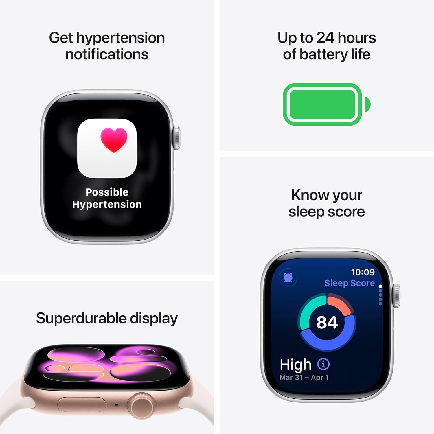 Infografía de Apple Watch destacando notificaciones de hipertensión, batería de 24 horas, puntaje de sueño de 84 y pantalla superduradera con diseño curvo.