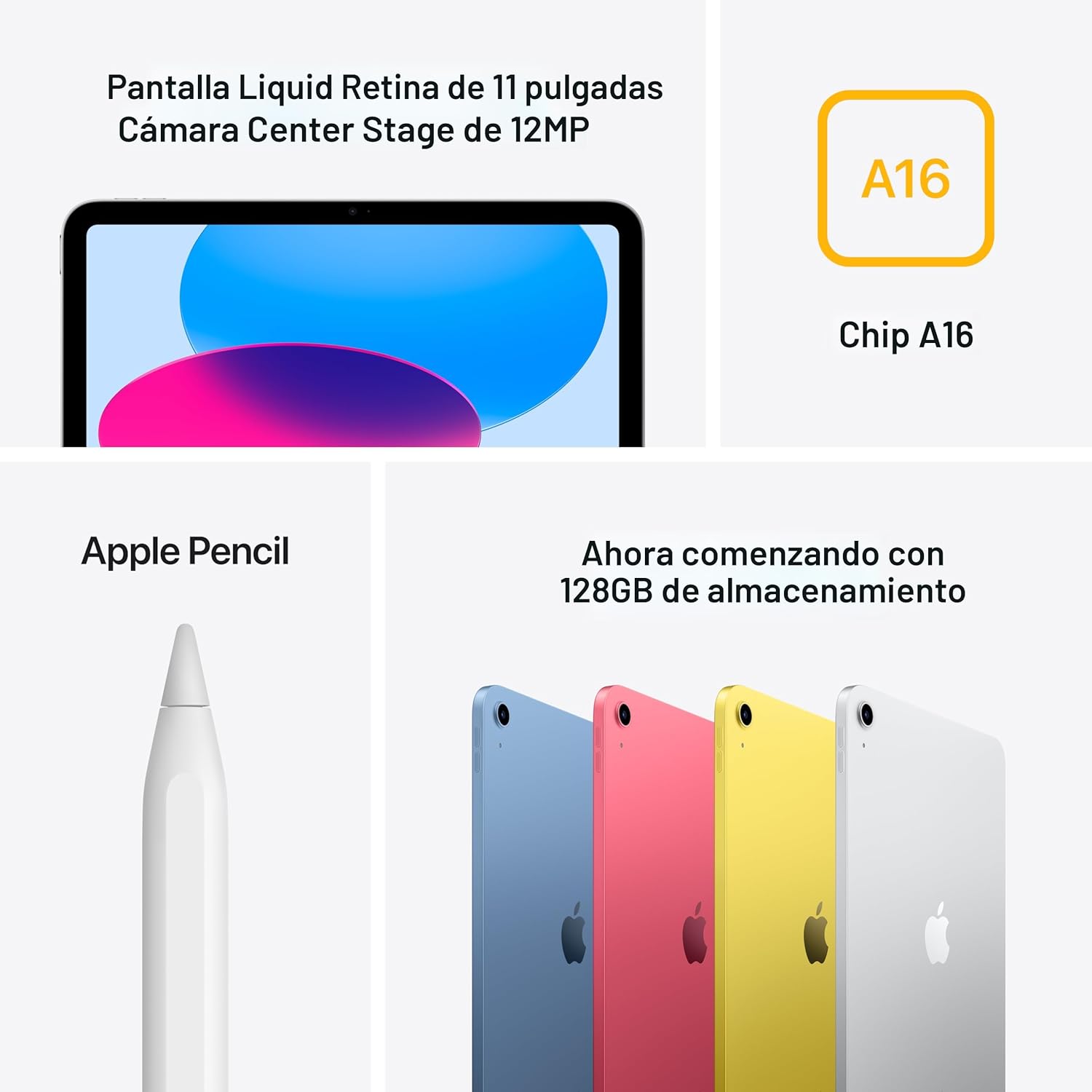 Apple iPad 11" (11 Gen, 2025, Chip A16) modelo de 11 pulgadas, pantalla Liquid Retina, 128 GB, Wi-Fi 6, cámara frontal de 12 MP/trasera de 12 MP, Touch ID, batería de todo el día