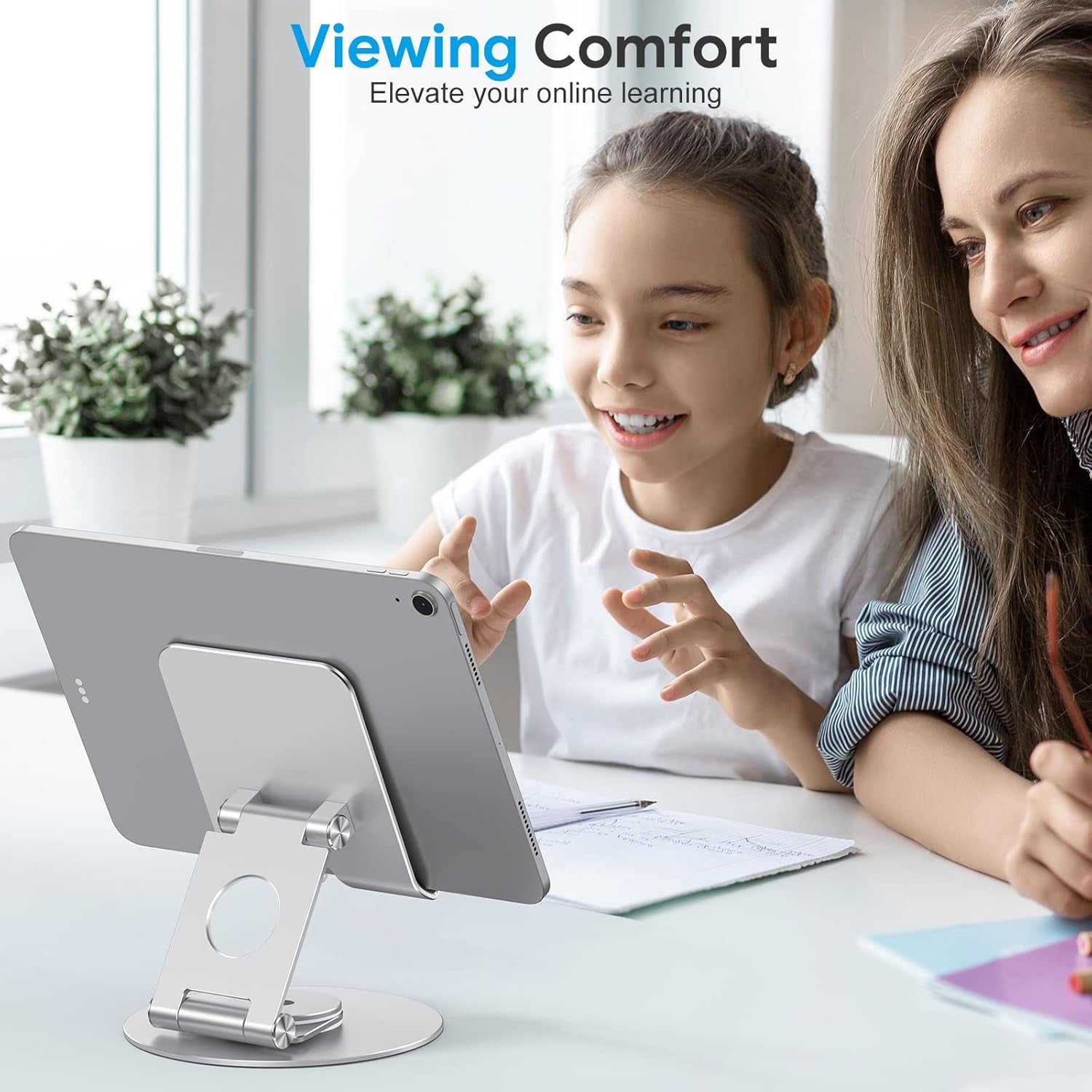 T6 Swivel Tablet Stand for Ipad with 360 Rotating Base, Foldable Adjustable Holder for Drawing, Compatible with Ipad Pro/Air/Mini and More, Silver