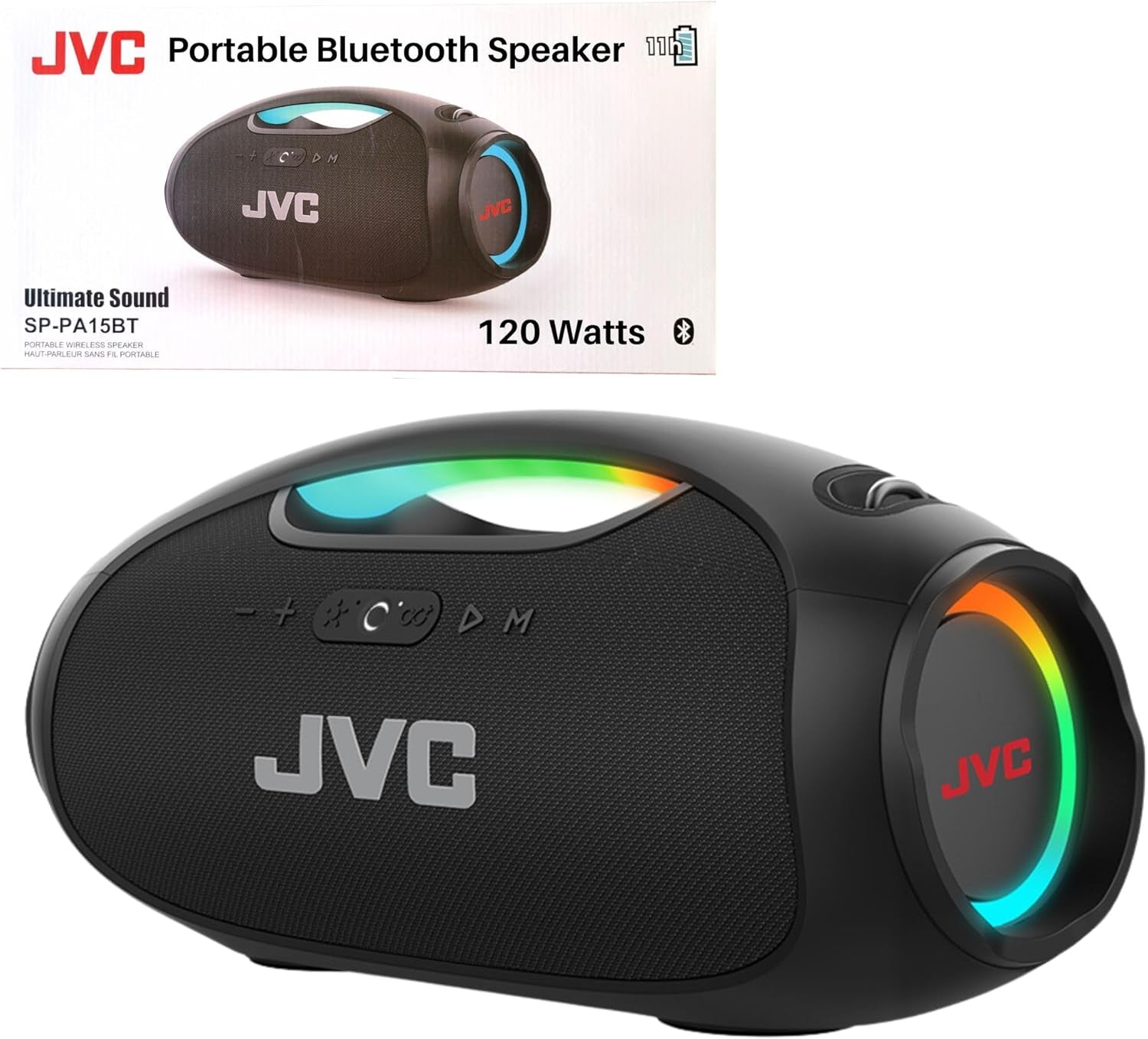 Portable Wireless Bluetooth Speaker - 120W with Dual Woofer Deep Bass, RGB Lighting, Indoor/Outdoor Boombox, Bluetooth 5.3, IPX6 Water Resistant, USB-C, 11-Hr Playtime, 2 Sound Modes - SP-PA15BT