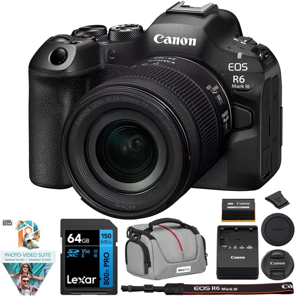 EOS R6 Mark III Full Frame Mirrorless Interchangeable Lens Camera Body 7084C002 32.5MP | 40 FPS | 7K RAW Video | 8.5 Stop IBIS Bundle with Deco Gear Bag + Microphone + Monopod + Accessories Kit
