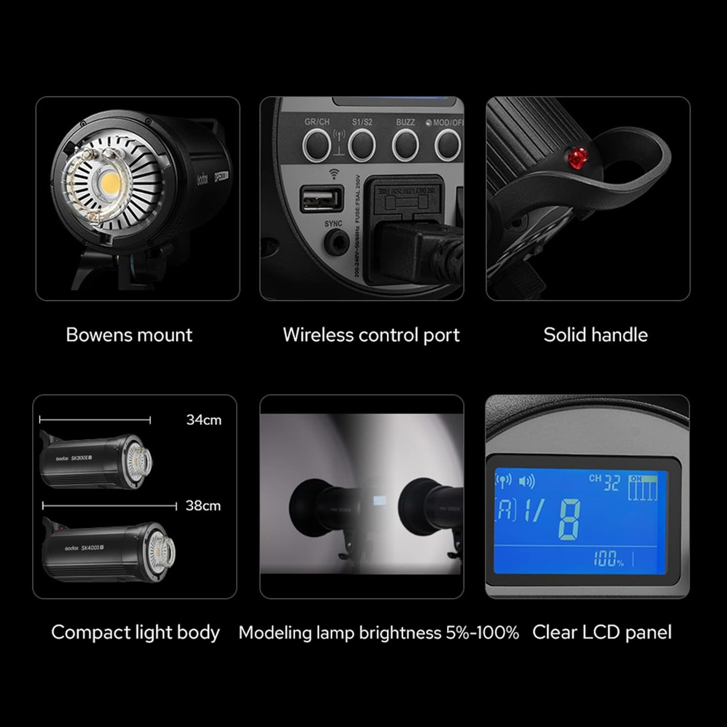 SK400II-V SK400IIV 400W Studio Strobe Flash - Bowens Mount LED Modeling Lamp for Studio,Commerce Phototgraphy(Sk400Ii Upgraded Version)