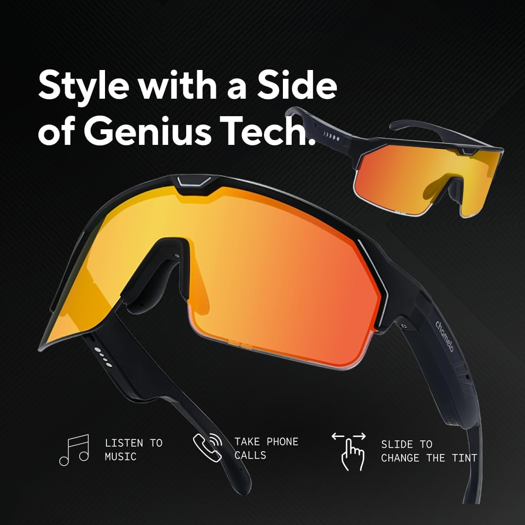 Music Shield Smart Audio Sunglasses – Matte Black Frame, Fire Lenses | Open-Ear Bluetooth Glasses for Men & Women with Electronic Tint Control, Sweat Proof, Sports Eyewear, 100% UV Protection