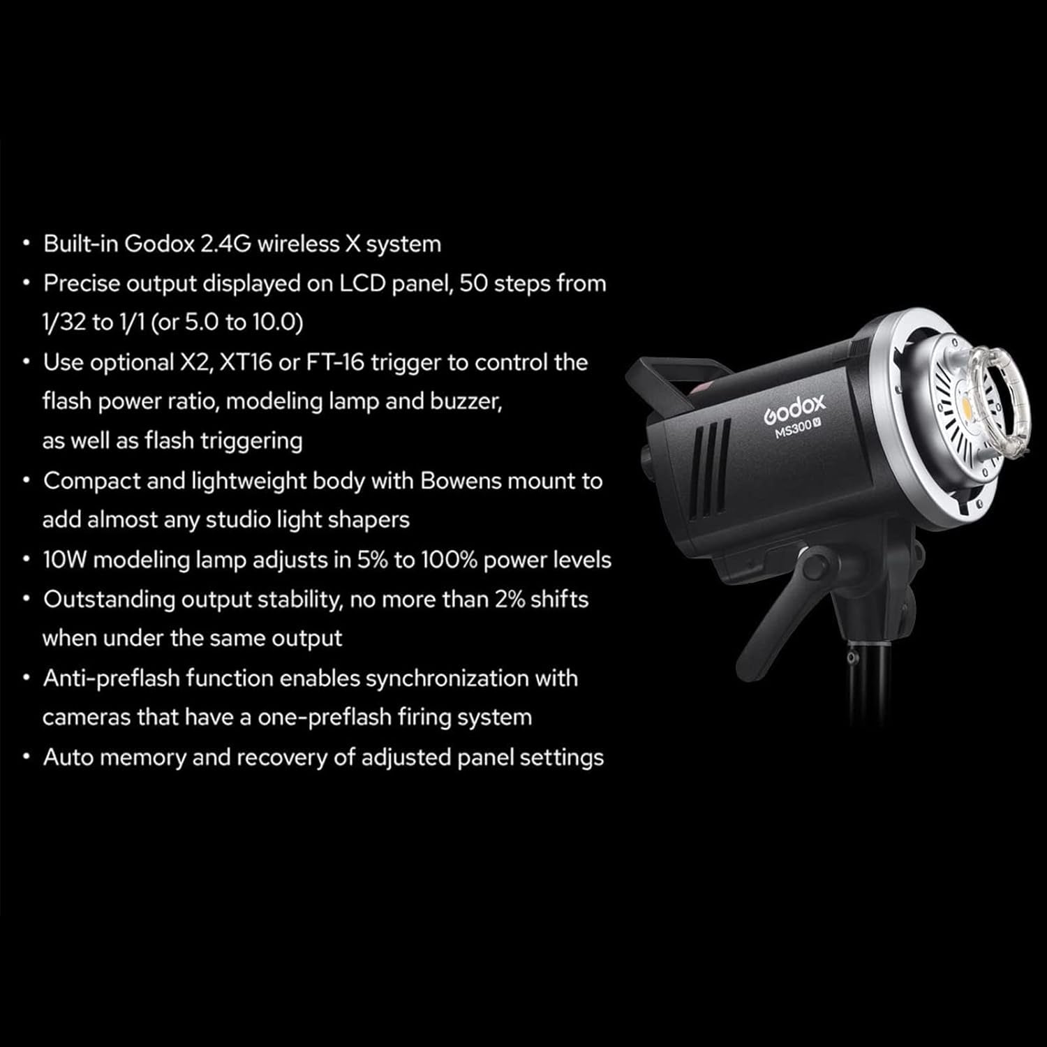 MS300V MS300-V Compact Studio Strobe Flash Light - 300W,GN58 0.1-1.8S Recycle Time,2.4G X System,Bowens Mount LED Modeling Lamp for Photographic Studio Portrait Shooting(Ms300 Upgraded Version)