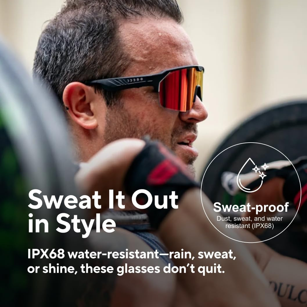 Music Shield Smart Audio Sunglasses – Matte Black Frame, Fire Lenses | Open-Ear Bluetooth Glasses for Men & Women with Electronic Tint Control, Sweat Proof, Sports Eyewear, 100% UV Protection