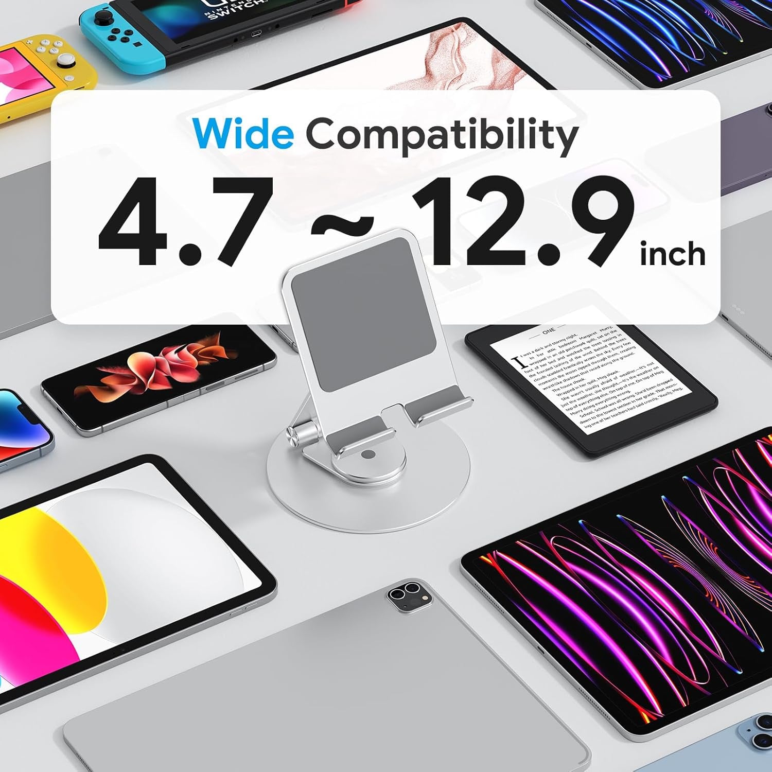 T6 Swivel Tablet Stand for Ipad with 360 Rotating Base, Foldable Adjustable Holder for Drawing, Compatible with Ipad Pro/Air/Mini and More, Silver