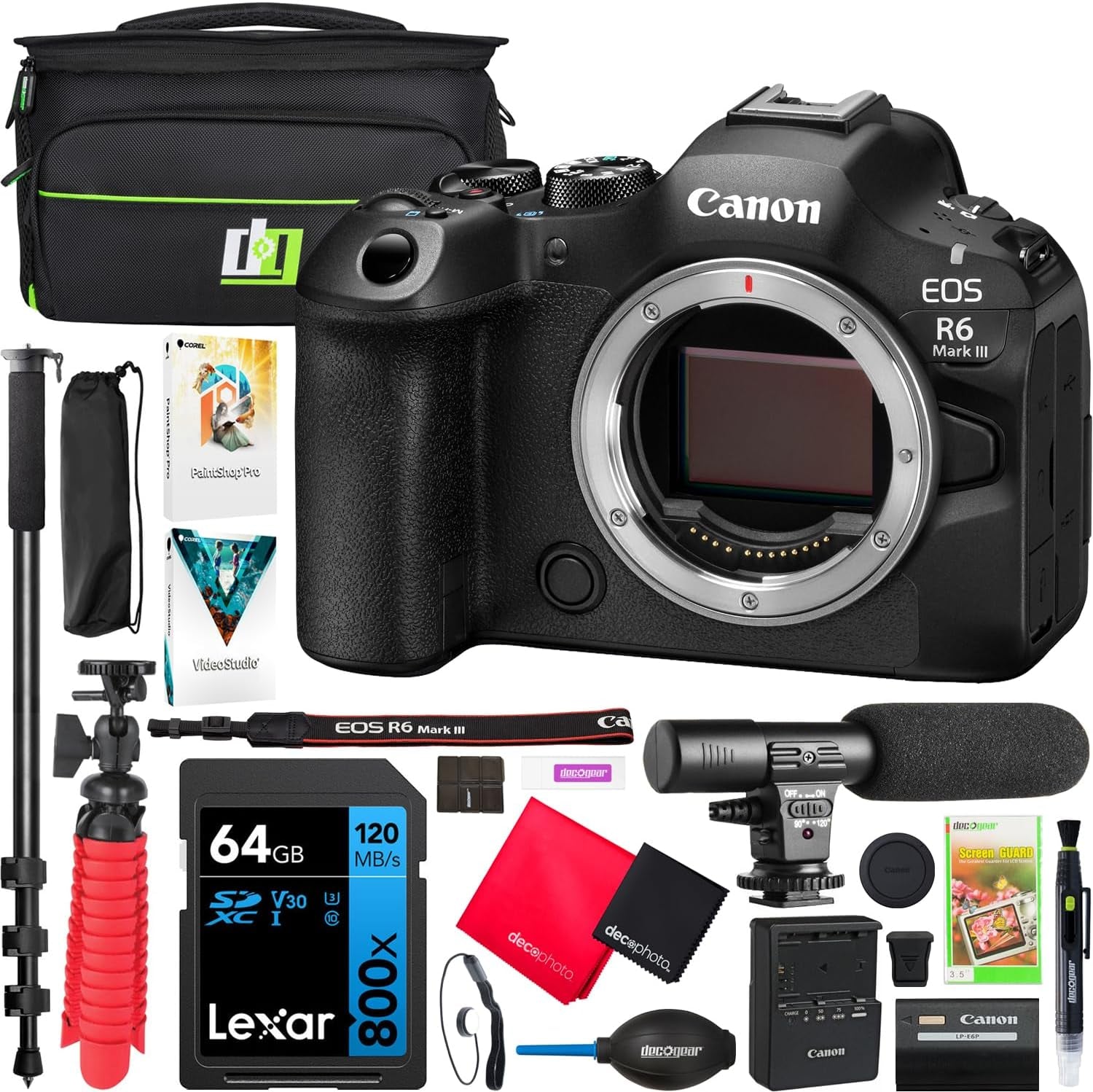 EOS R6 Mark III Full Frame Mirrorless Interchangeable Lens Camera Body 7084C002 32.5MP | 40 FPS | 7K RAW Video | 8.5 Stop IBIS Bundle with Deco Gear Bag + Microphone + Monopod + Accessories Kit