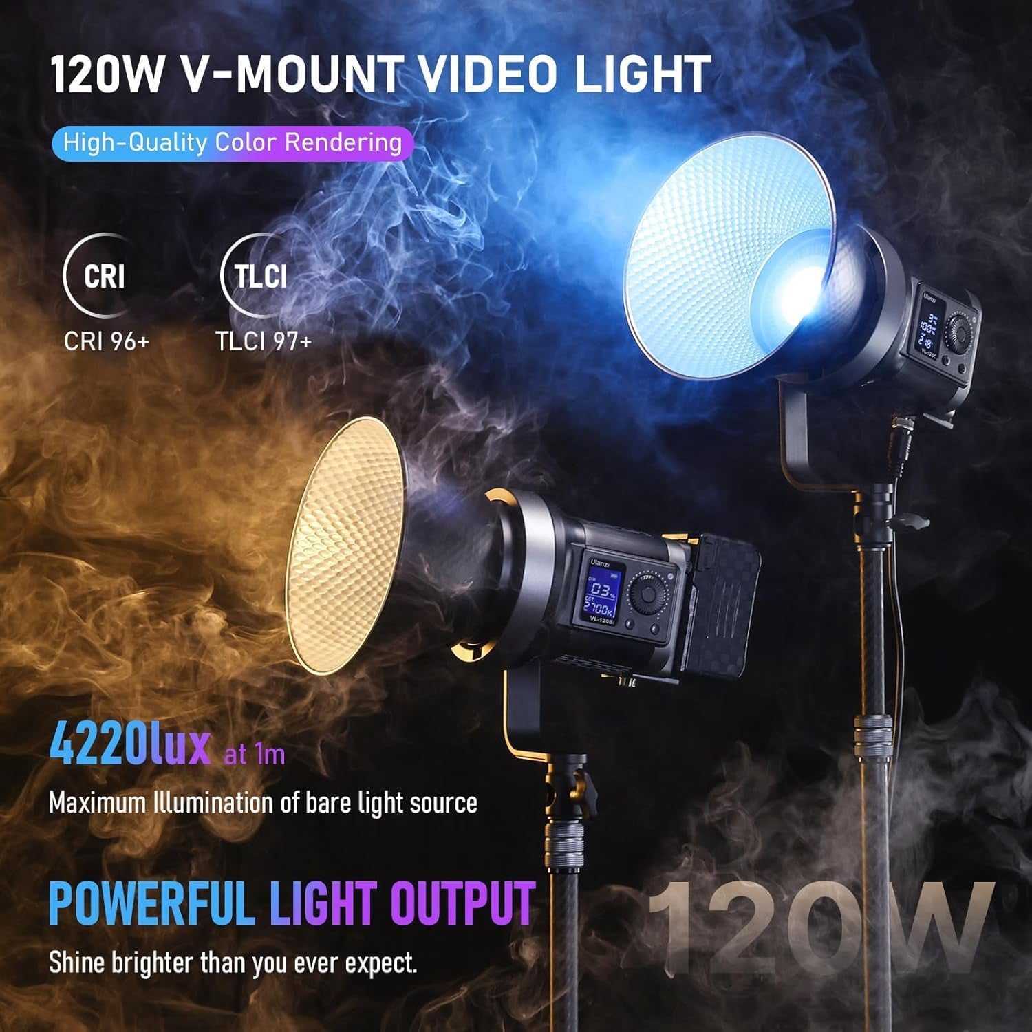 V-Mount LED Video Light COB Continuous Output Lighting, 120W Bi Color 2700K-6500K COB Bowens Mount Photography Fill Light 20700Lux/1M 20 Preset Effects with APP Control Studio Light