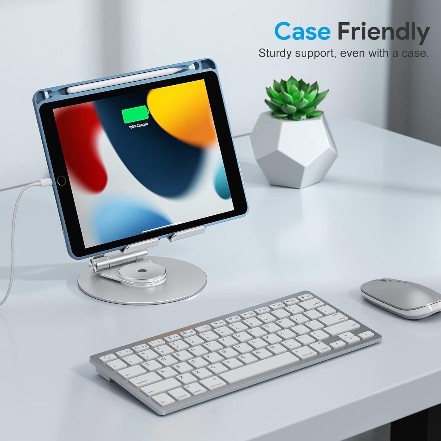 T6 Swivel Tablet Stand for Ipad with 360 Rotating Base, Foldable Adjustable Holder for Drawing, Compatible with Ipad Pro/Air/Mini and More, Silver