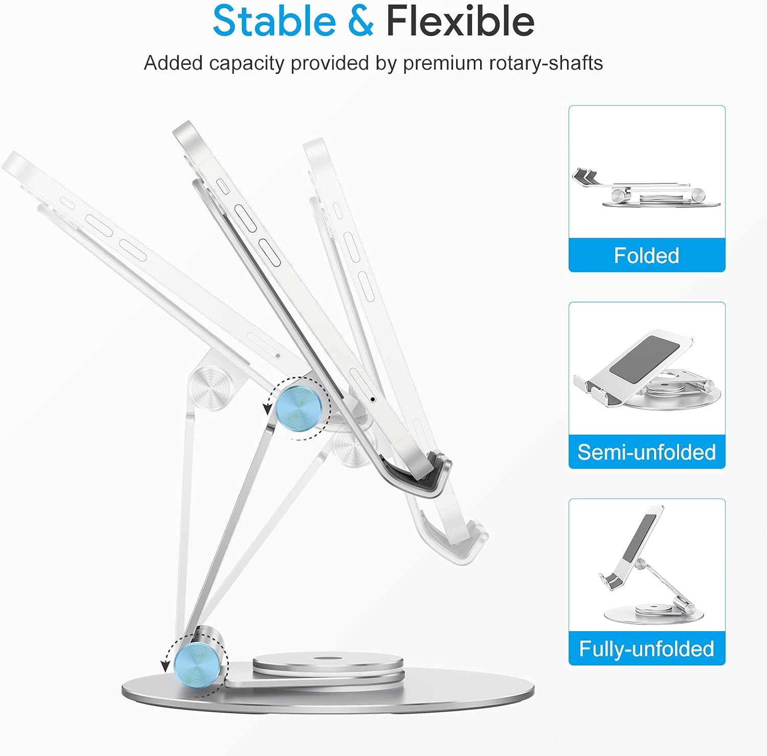 T6 Swivel Tablet Stand for Ipad with 360 Rotating Base, Foldable Adjustable Holder for Drawing, Compatible with Ipad Pro/Air/Mini and More, Silver