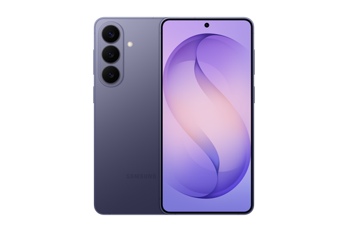 Samsung Galaxy S26 Plus violeta: vista trasera y pantalla frontal.