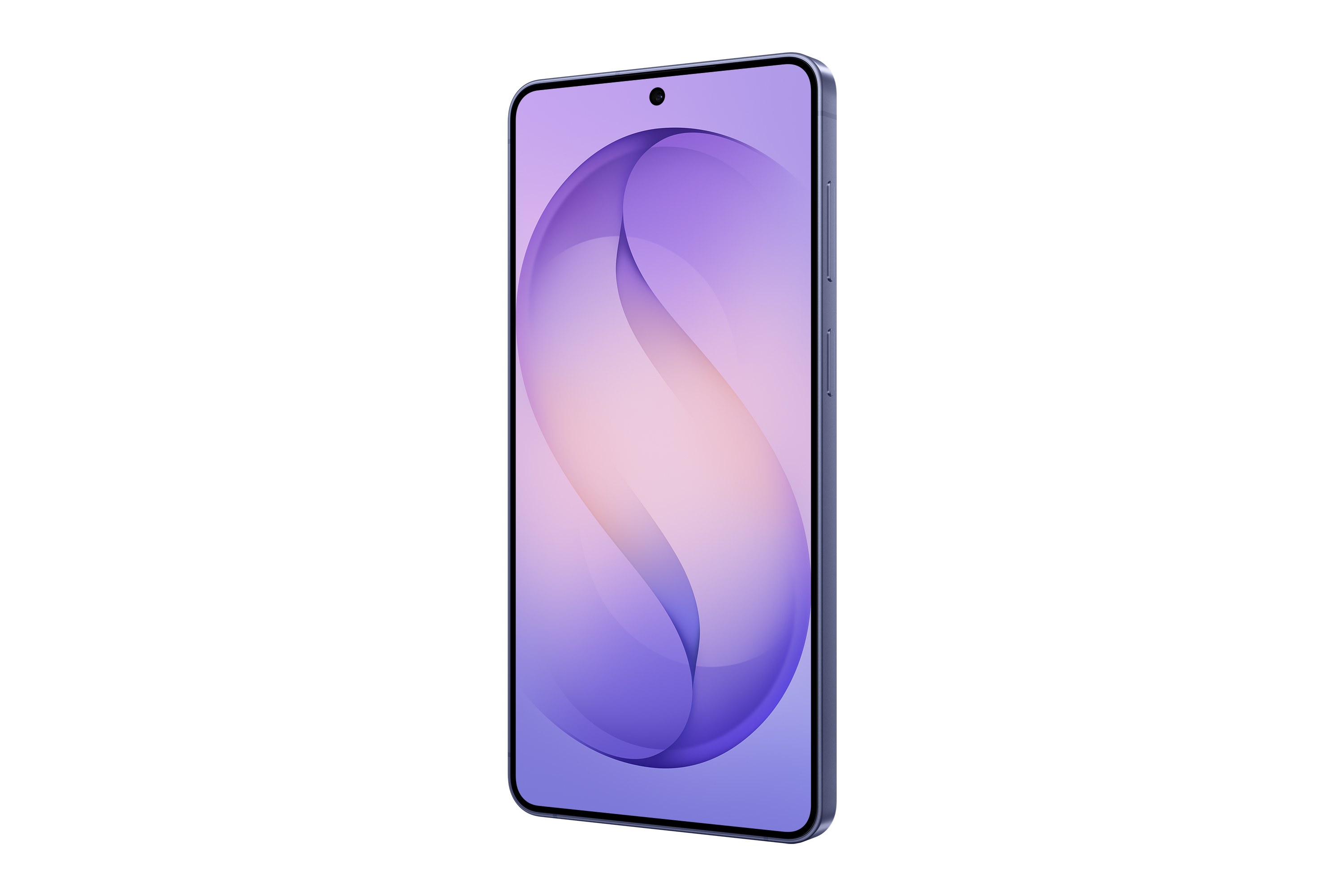 Samsung Galaxy S26 Plus violeta: pantalla frontal en ángulo y perfil derecho.