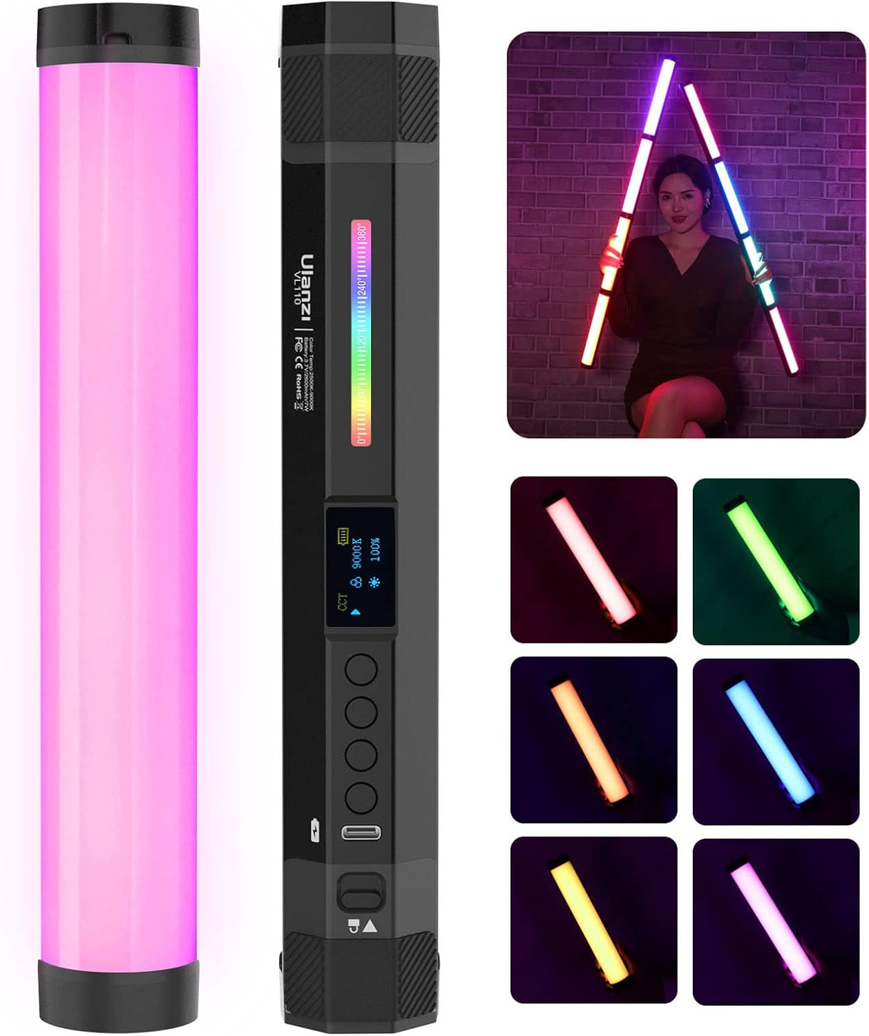 ULANZI VL110 RGB Light Wand, Handheld Light Stick Camera LED Video Tube Light Bar, 2500-9000K Dimmable, 2600Mah Battry CRI 95+ with Magnetic Attraction for Photography Vlog TIK Tok