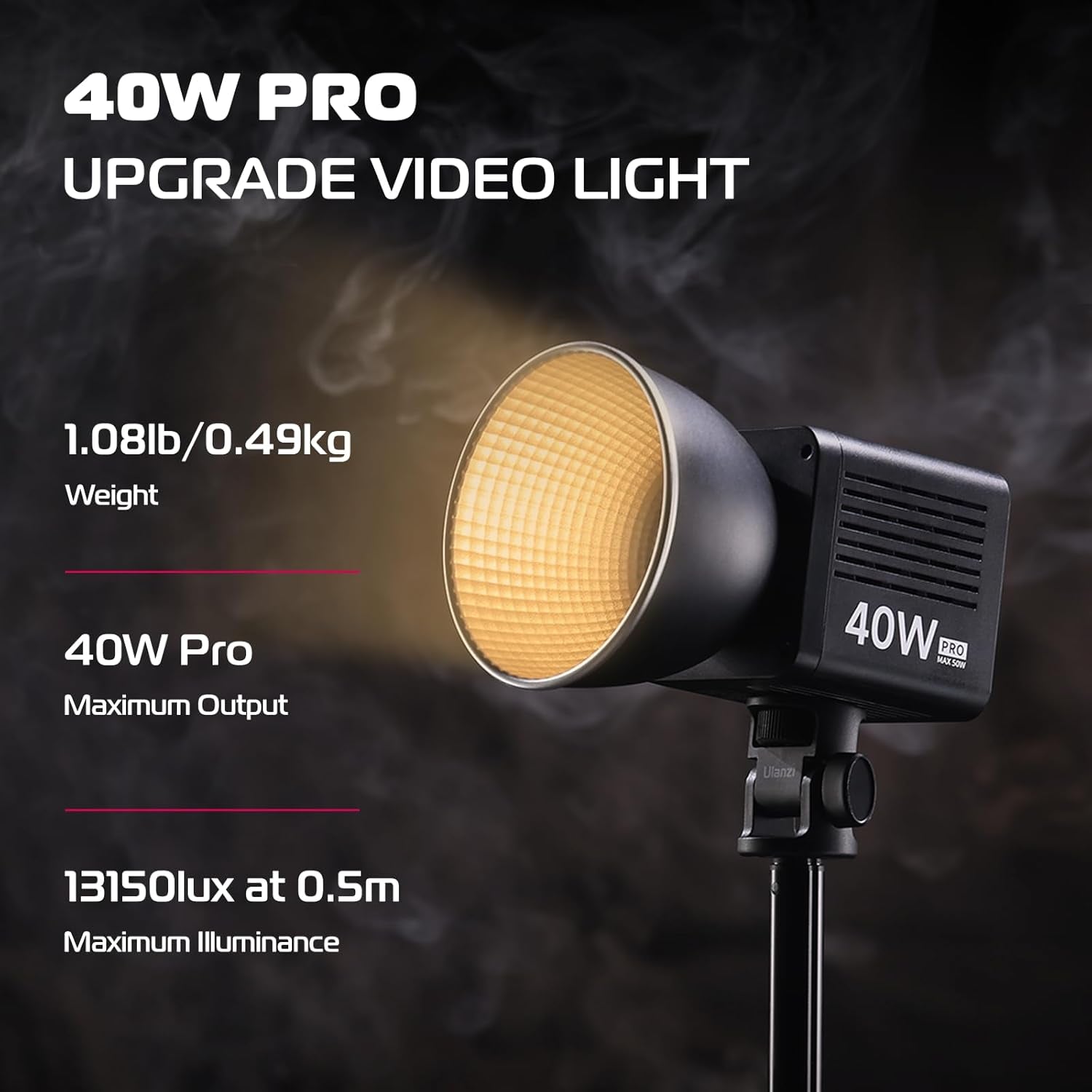 40W Pro Portable LED Video Light with DC Power Adapter, 3400Mah Build-In Battery Metal Mini Dual Color Temperature COB Continuous Output Lighting Handheld Spotlight 2500K-6500K for Video