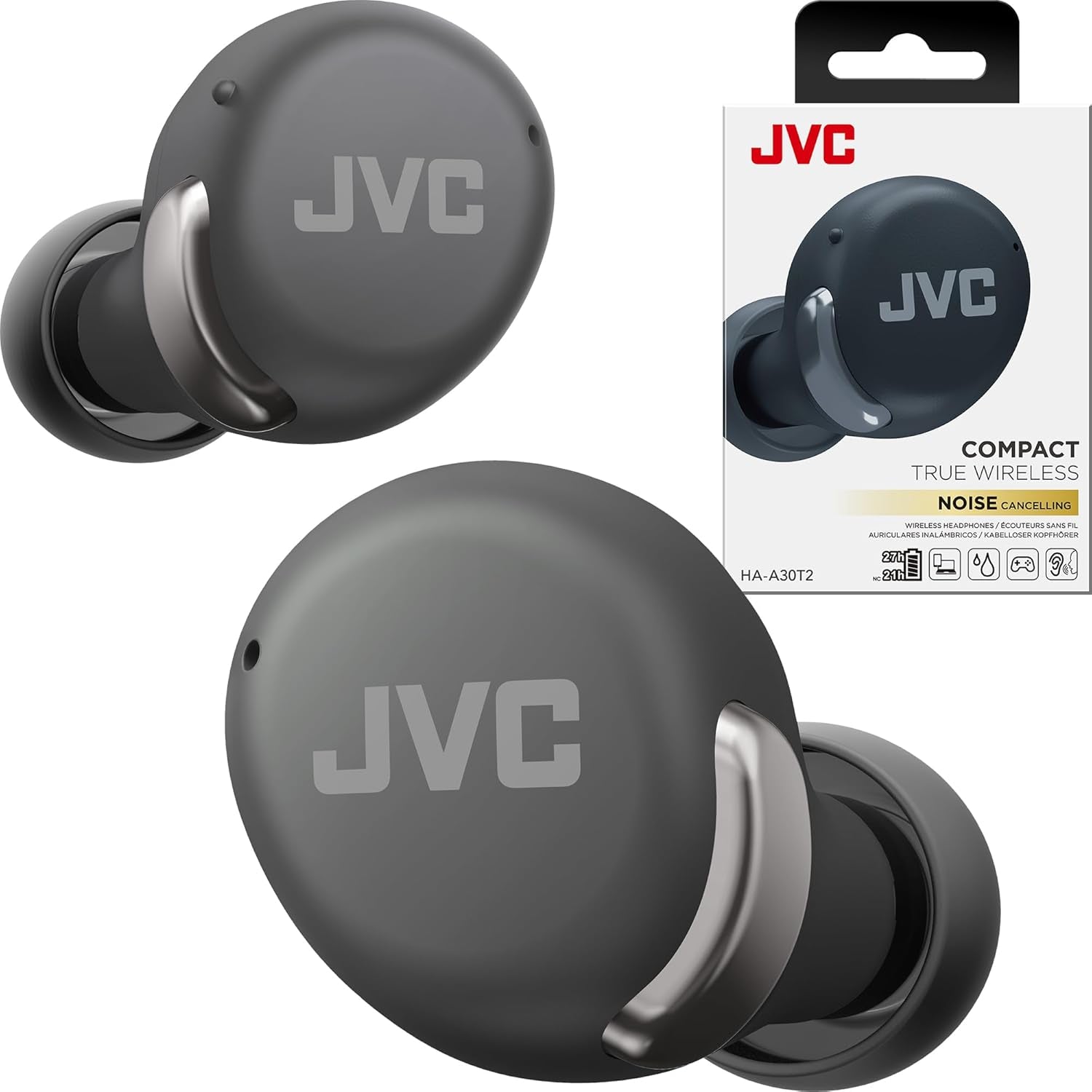 True Wireless Compact Earbuds – Active Noise Cancelling, up to 27 Hours Playback, Low Latency Mode - IPX4 Sweat/Rain Proof, Quick Charge Case, Mic