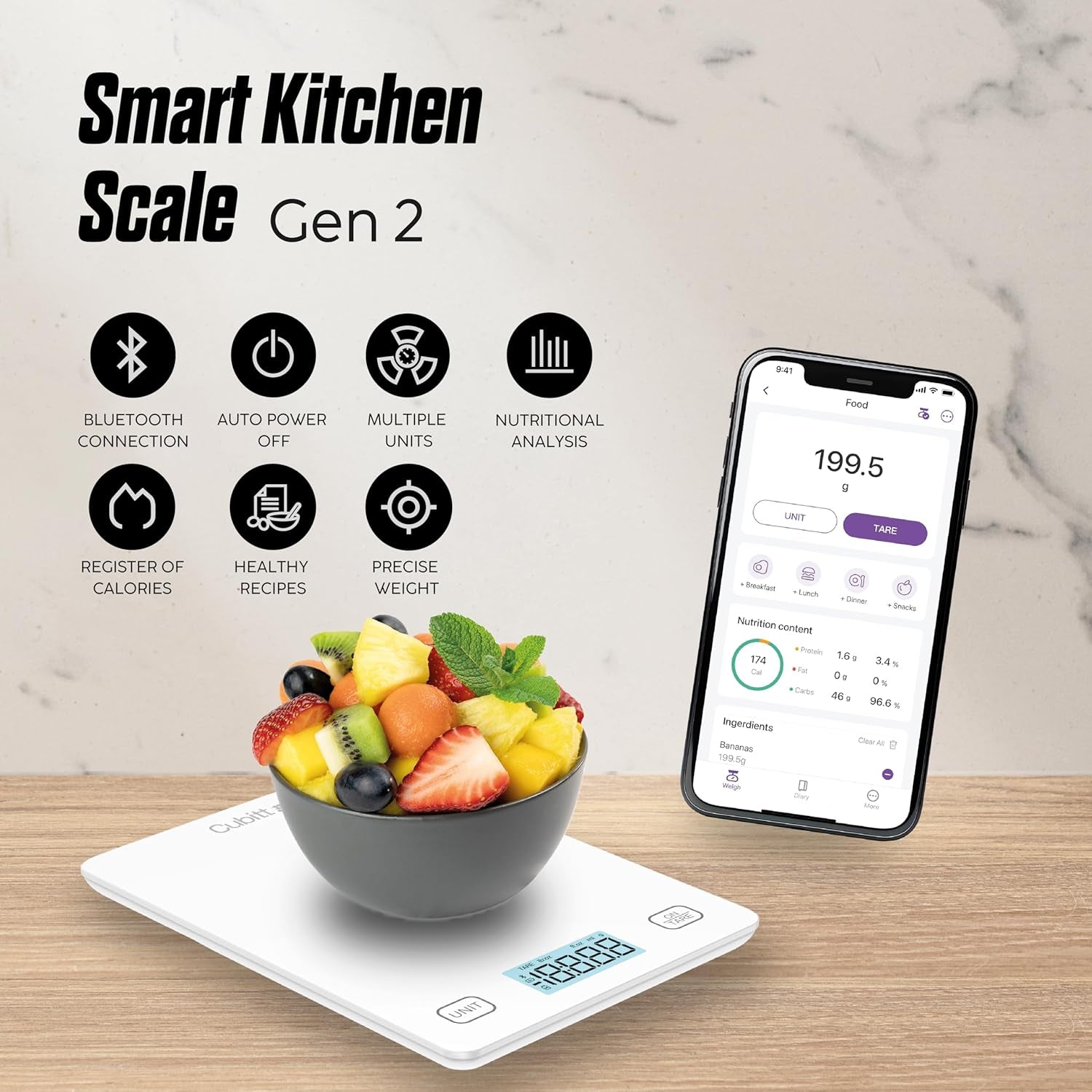 Smart Kitchen Scale, Bluetooth Food Scale with Nutritional Calculator for Keto, Macro and Calorie, Digital Grams and Oz for Weight Loss, Cooking and Baking with Smartphone APP (Black Color)