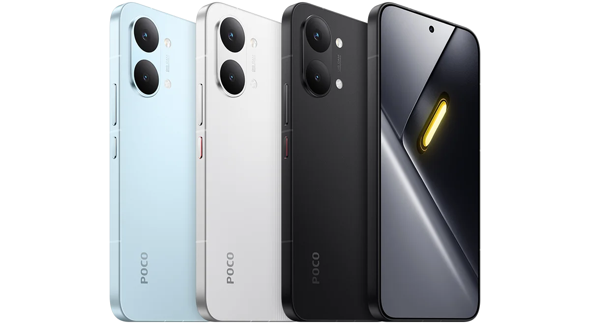 Smartphones POCO celeste, blanco y negro: vista trasera y pantalla frontal.